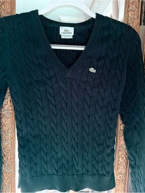 Vintage Y2K Lacoste Women’s Black Cable Knit V-Neck Sweater Size 38 F4781